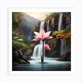 Lotus Flower In The Waterfall Art Print