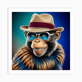 A Dazzling, High Contrast Illustration Of A Monkey Donning A Vintage Inspired, Curved Brim Fedora Hat With A Crimson Band And A Pair Of Sleek, Silver Rimmed, Oversized Sunglasses (3) Art Print