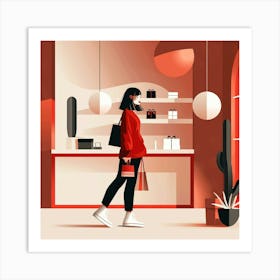 Illustration Of A Woman In A Shop Art Print