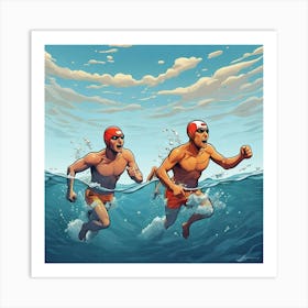 Racing Swimmers Swim In Ocean Cartoon Art Print 2 Art Print