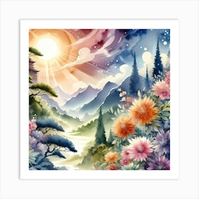 Watercolor Of Mountains And Flowers 1 Art Print