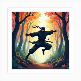 Ninja Fighter Leaping Through A Vibrant Watercolor Forest 1 Art Print