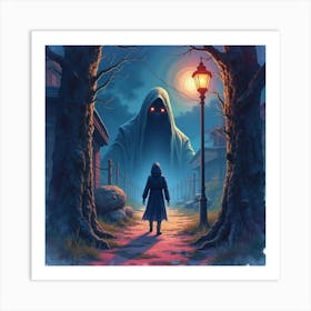 Horror Scene With A Terrifying Figure In A Colorful Watercolor Night 1 Art Print