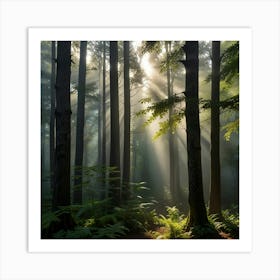 A Misty Morning In A Dense Forest With Rays Of Sunlight Filtering Through The Trees Art Print