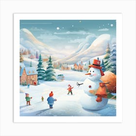 Snowman In The Village 2 Art Print