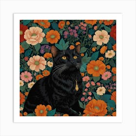 Black Cat In Flowers 3 Art Print