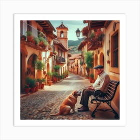 Old Man And Dog In Old Town Art Print