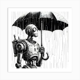 Robot Holding An Umbrella In The Rain, Ink Drawing 3 Art Print