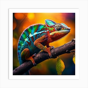 Chameleon Perched On A Branch Morphing Accords With Midday Sun Spectrum Of Vivid Hues Mask Its Ski Art Print