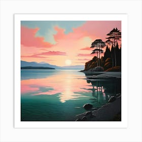 Minimalist Landscape Lake Taupo Sunset Vibrant With Shades Of Blush Pink Pale Blue Art Print