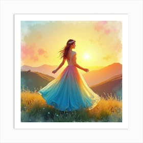 Radiant Dress Watercolor, With A Bright Sunrise Over Hills 1 Art Print