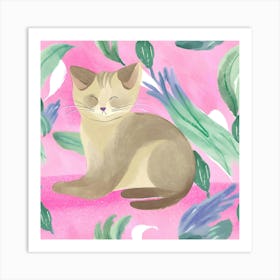 Cat On Pink Background 1 Art Print