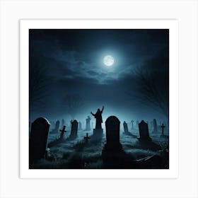 Gravestones Casting Long Ominous Shadows Under A Full Moon A Rising Mist Shrouding The Undead Figu (3) Art Print