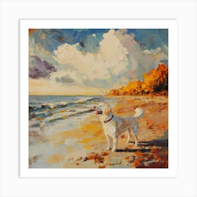 Dog In Beach Autumn In Style Of Romanticism Art Print