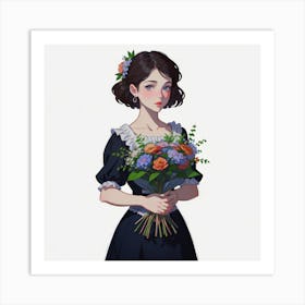 Girl Holding Bouqet Of Flowers Art Print