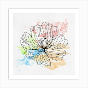 Line Art Floral Drawing with Watercolor Background Art Print