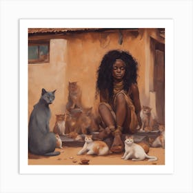 Wall painting of an African girl with cats Art Print