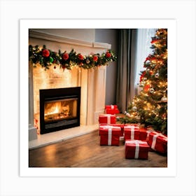 Christmas Tree In Front Of Fireplace Art Print