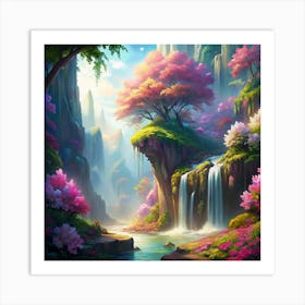 Enchanted Forest Landscape With Waterfall And Blooming Trees Art Print