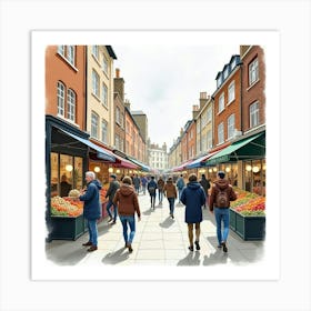 A Bustling London Street Market With People Shopping, Painted In Watercolor 1 Art Print