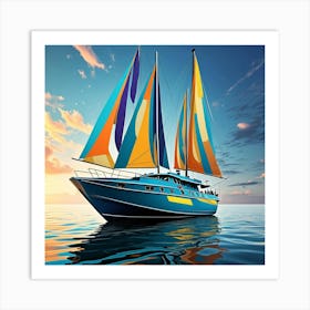 Futuristic Green Sailing Boat Cubism Style Art Print