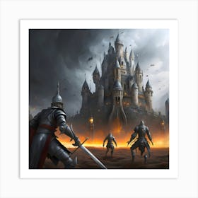 Aliens fight against medieval castle with knights, Knights In Armor Art Print