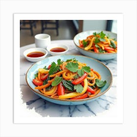 Watercolor Scene Of A Fresh And Vibrant Vegetable Stir Fry On A Chic Restaurant Table Art Print