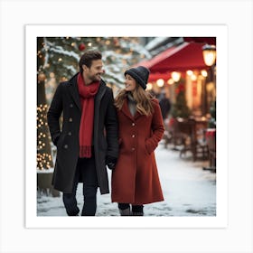 Couple In Winter Coats Walking Art Print