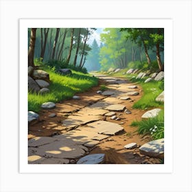 Path In The Woods.A dirt footpath in the forest. Spring season. Wild grasses on both ends of the path. Scattered rocks. Oil colors.9 Art Print