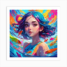 Girl Loves To Swim With Fishes Art Print