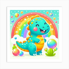 Cute Cartoon Dinosaur With Bubbles Art Print