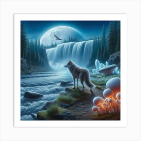 Wolf on the Mushroom Crystal Riverbank Art Print