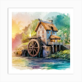 Watercolor Watermill By The River Art Print