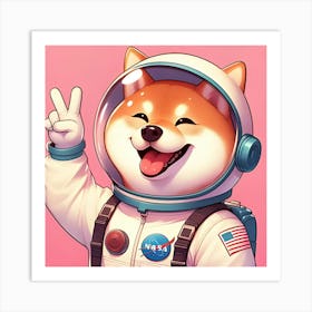 A Cute Happy Shiba Inu Astronaut On A Pink Background, Digital Art 3 Art Print