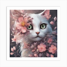 White Cat With Flowers Art Print