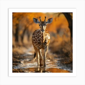 Giraffe In The Water Art Print