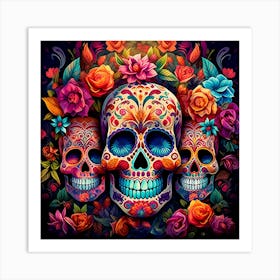 Maraclemente Many Sugar Skulls Colorful Flowers Vibrant Colors 7 Art Print
