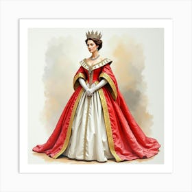 Watercolor Painting Of Queen Elizabeth I, Elegant Robes, Majestic Setting 1 Art Print