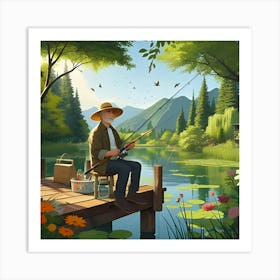 An Image Of A Man Fishing In A River With A Beautiful Landscape 3 Art Print