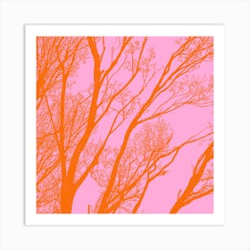 Winter Trees Silhouette Orange On A Pink Background Art Print