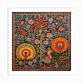 Traditional Painting, Oil On Canvas, Brown Color Madhubani Painting Indian Traditional Style 1 Art Print
