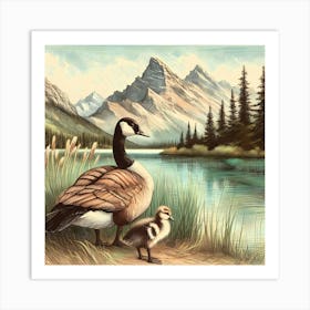 Goose with Baby by Mountain Lake Color Painting - Wild Bird Artwork 145 Art Print