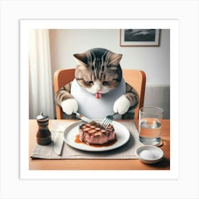 Cat Eating Steak Art Print