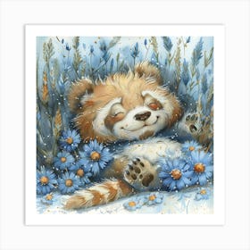 Panda In Flowers Blue White Grey Colour Art Print