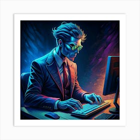 Man Typing On A Computer In Blue Neon Light Art Print