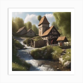 Village By A Stream Art Print