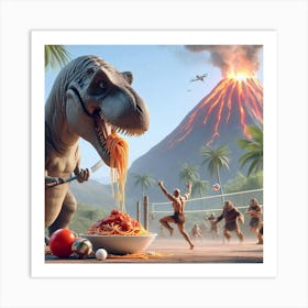 Dinosaur Eating Pasta During A Volleyball Game Art Print