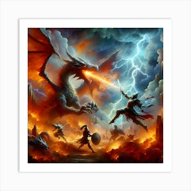 A Dramatic Battle Scene Featuring A Knight Fighting A Dragon In Fiery Ruins With Lightning Bolts Striking Dynamically Posed Combatants, Depicted In A Stylized Painterly Style 1 Art Print