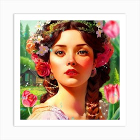 Girl With Flowers In Her Hair Art Print