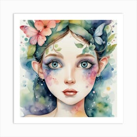 Watercolor Girl With Flowers Art Print